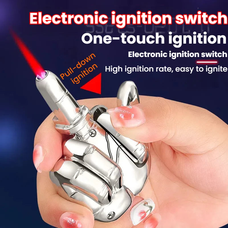Funny Middle Finger Torch Lighter with Fuk You Voice Windproof Jet Flame Lighters Smoking Refillable Butane Lighter(No Fuel)
