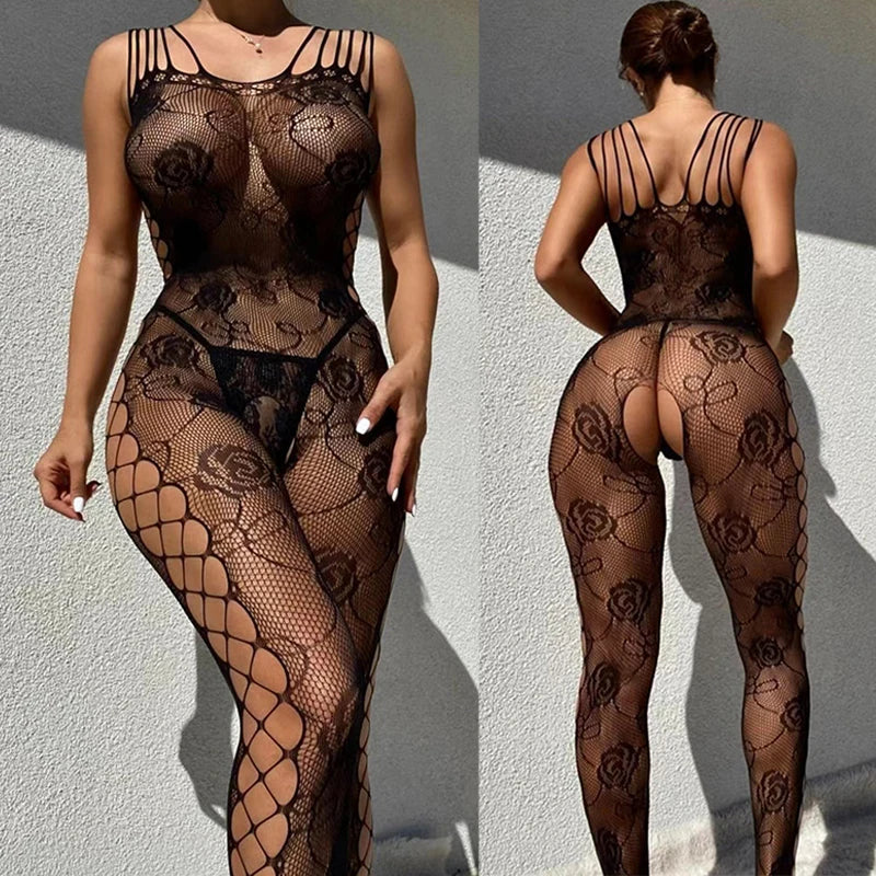 Porn Fantasy Open Crotch Body Stocking Set 18 Erotic Fishnet Toys Lace Lingerie for Sex Women Adult Desire Tights High Stretch