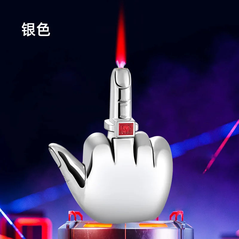 Funny Middle Finger Torch Lighter with Fuk You Voice Windproof Jet Flame Lighters Smoking Refillable Butane Lighter(No Fuel)
