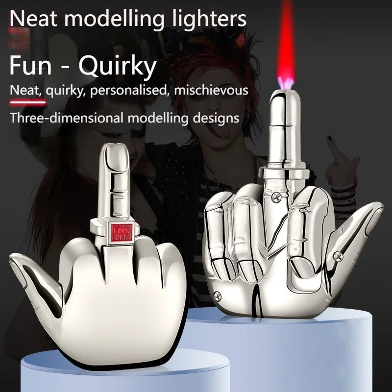 Funny Middle Finger Torch Lighter with Fuk You Voice Windproof Jet Flame Lighters Smoking Refillable Butane Lighter(No Fuel)