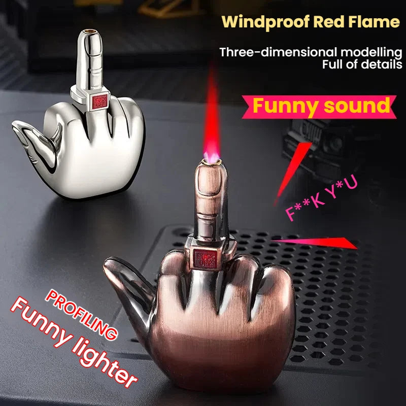Funny Middle Finger Torch Lighter with Fuk You Voice Windproof Jet Flame Lighters Smoking Refillable Butane Lighter(No Fuel)