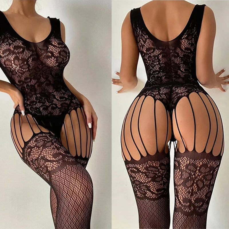 Porn Fantasy Open Crotch Body Stocking Set 18 Erotic Fishnet Toys Lace Lingerie for Sex Women Adult Desire Tights High Stretch